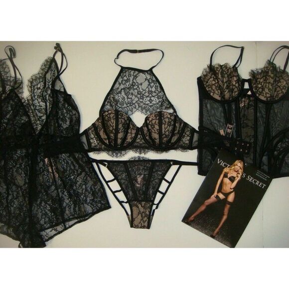 Victoria's Secret high-neck 34B,36D BRA SET+panty+ROMPER teddy+CORSET Black lace